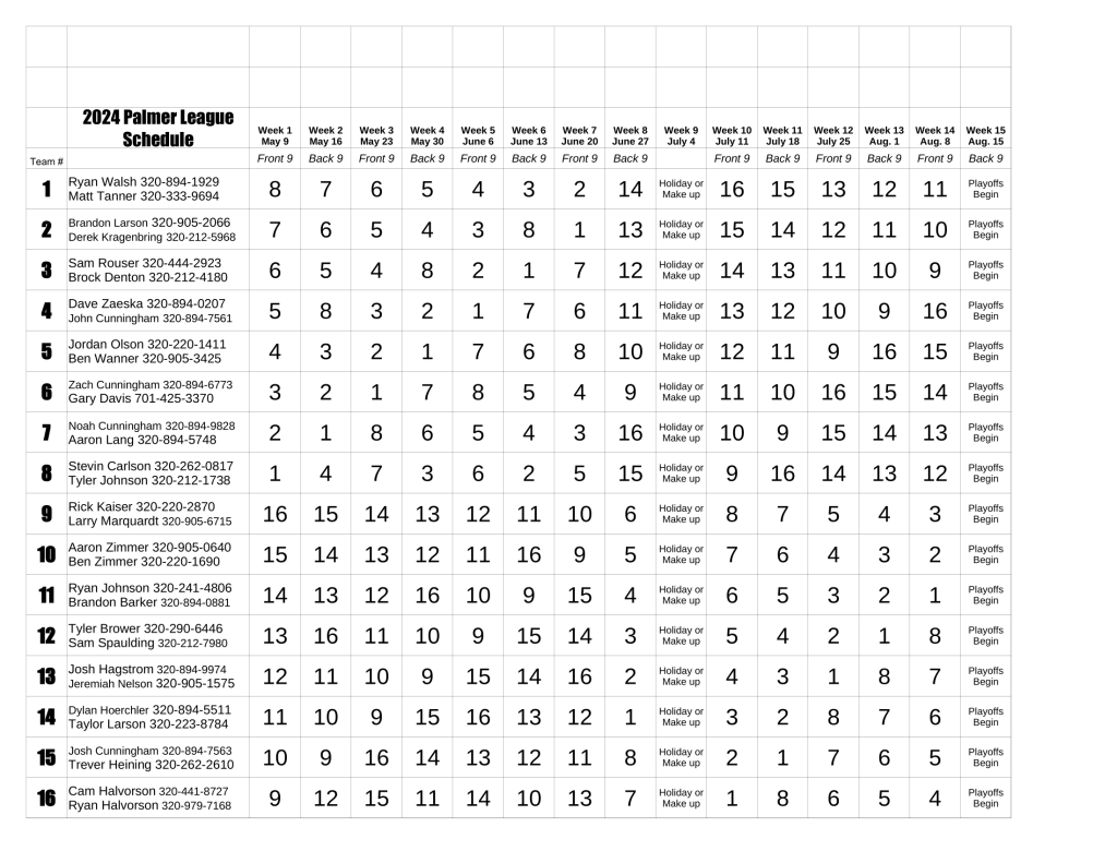 2024 Palmer League Schedule